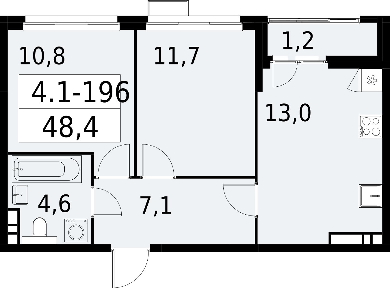 2-комнатная квартира с полной отделкой, 48.4 м2, 11 этаж, сдача 2 квартал 2027 г., ЖК Южные сады, корпус 4.1.2 - объявление 2392722 - фото №1