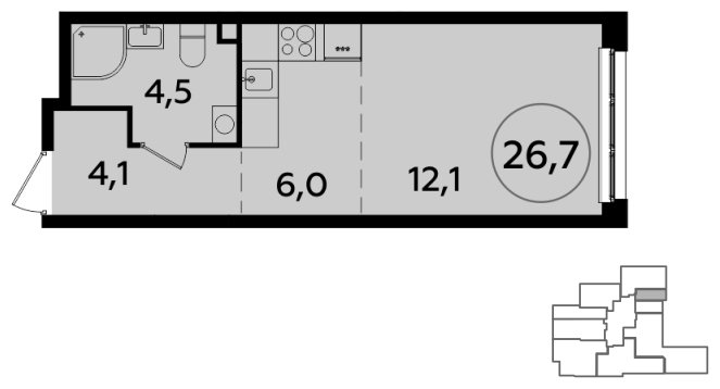 Студия без отделки, 26.7 м2, 2 этаж, сдача 4 квартал 2023 г., ЖК Южные сады, корпус 1.2 - объявление 2005838 - фото №1