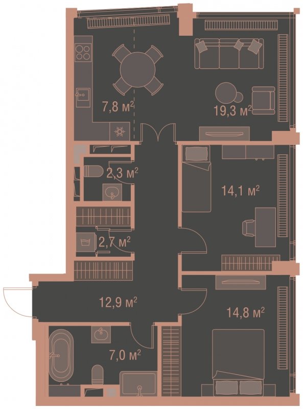 3-комнатная квартира без отделки, 80.9 м2, 10 этаж, сдача 1 квартал 2025 г., ЖК HIGH LIFE, корпус Heart Tower - объявление 1770943 - фото №1