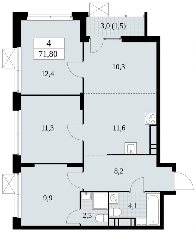 4-комнатная квартира (евро) с частичной отделкой, 71.8 м2, 13 этаж, сдача 2 квартал 2025 г., ЖК Скандинавия, корпус 2.27.1 - объявление 1840279 - фото №1