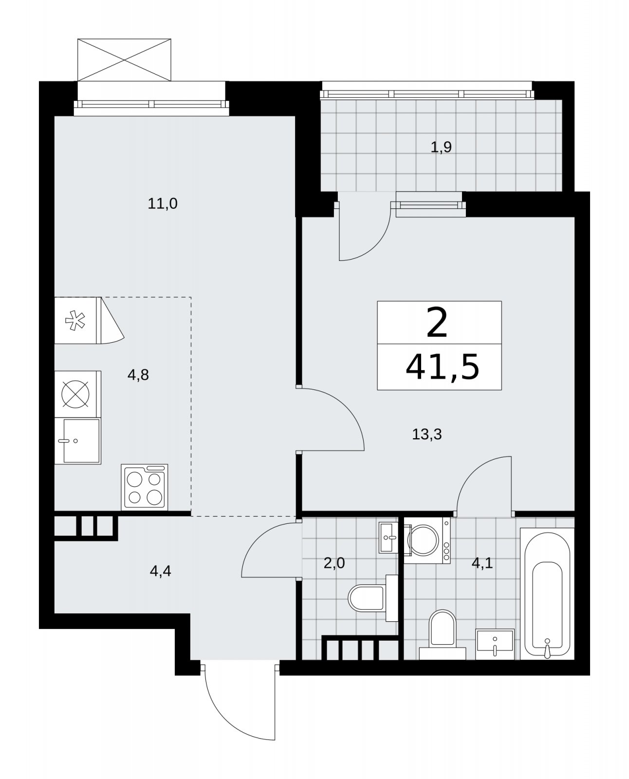 2-комнатная квартира (евро) без отделки, 41.5 м2, 6 этаж, сдача 1 квартал 2026 г., ЖК Дзен-кварталы, корпус 4.3 - объявление 2251678 - фото №1