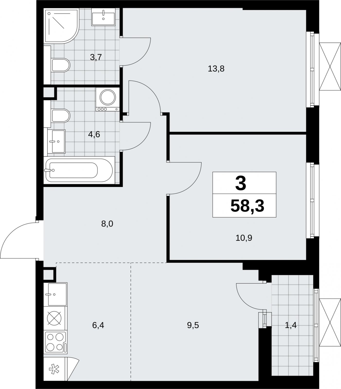 3-комнатная квартира (евро) без отделки, 58.3 м2, 2 этаж, сдача 2 квартал 2026 г., ЖК Бунинские кварталы, корпус 9.2 - объявление 2324193 - фото №1