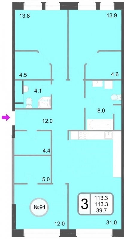 3-комнатная квартира без отделки, 113.3 м2, 11 этаж, дом сдан, ЖК Хорошевский, корпус 1 - объявление 1067736 - фото №1