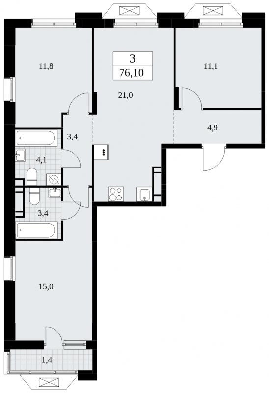 3-комнатная квартира с частичной отделкой, 76.1 м2, 13 этаж, сдача 4 квартал 2024 г., ЖК Бунинские кварталы, корпус 1.2 - объявление 1834379 - фото №1
