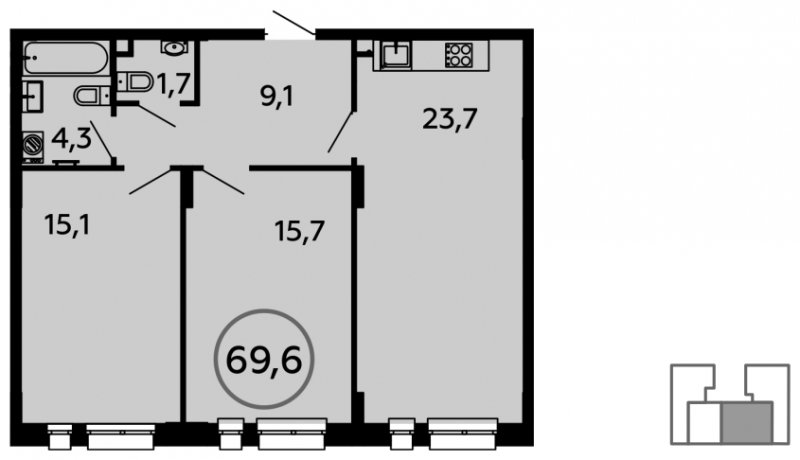 2-комнатная квартира без отделки, 69.6 м2, 2 этаж, дом сдан, ЖК Скандинавия, корпус 5.3 - объявление 974627 - фото №1