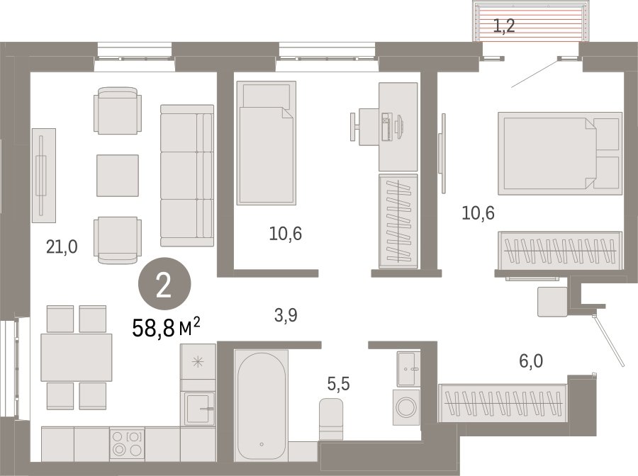 2-комнатная квартира 58.8 м2, 9 этаж, сдача 3 квартал 2026 г., ЖК Квартал Метроном, корпус 1 - объявление 2310839 - фото №1