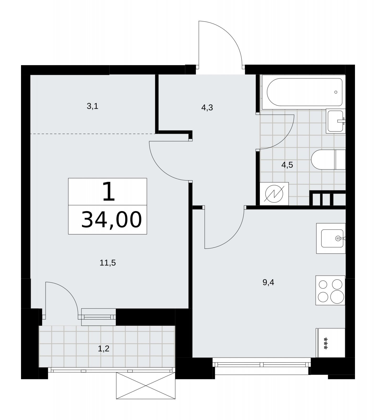 1-комнатная квартира без отделки, 34 м2, 3 этаж, сдача 3 квартал 2025 г., ЖК Скандинавия, корпус 28.1 - объявление 2201948 - фото №1