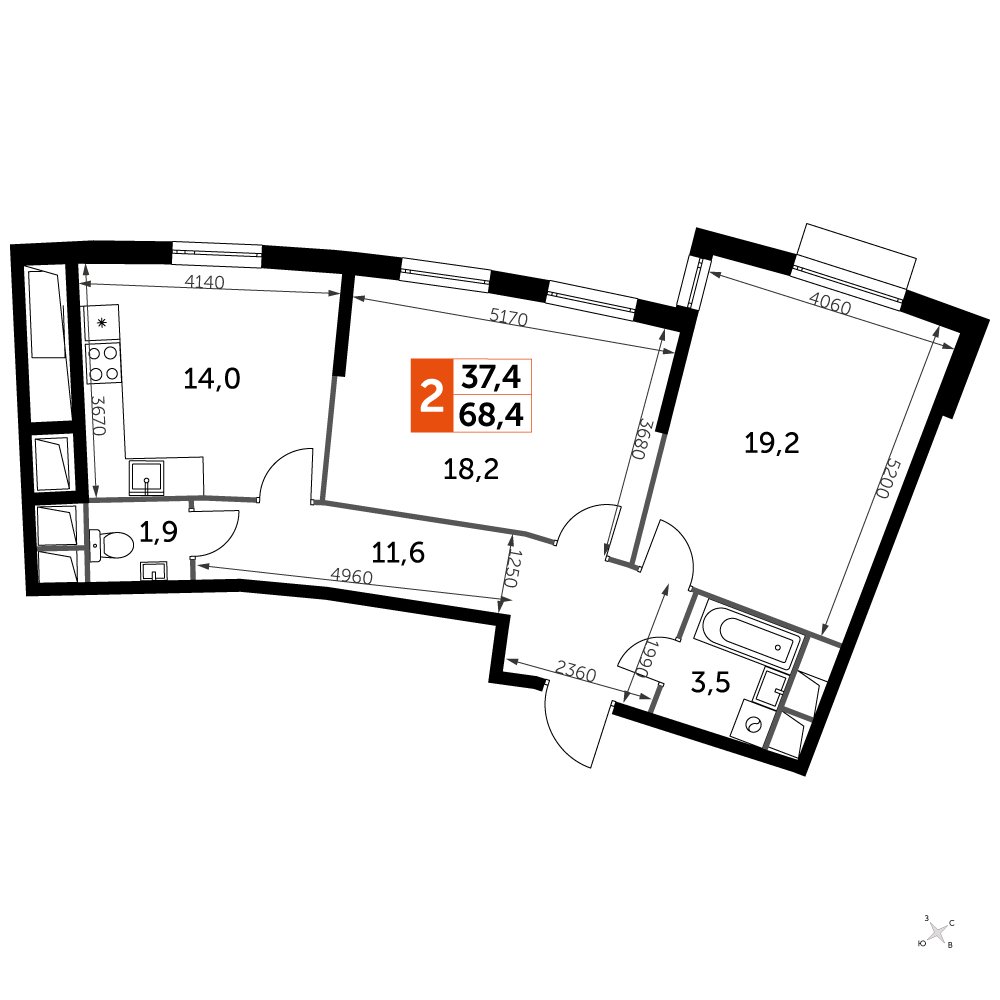 2-комнатная квартира без отделки, 68.5 м2, 7 этаж, дом сдан, ЖК UP-квартал Римский, корпус 7 - объявление 2353942 - фото №1