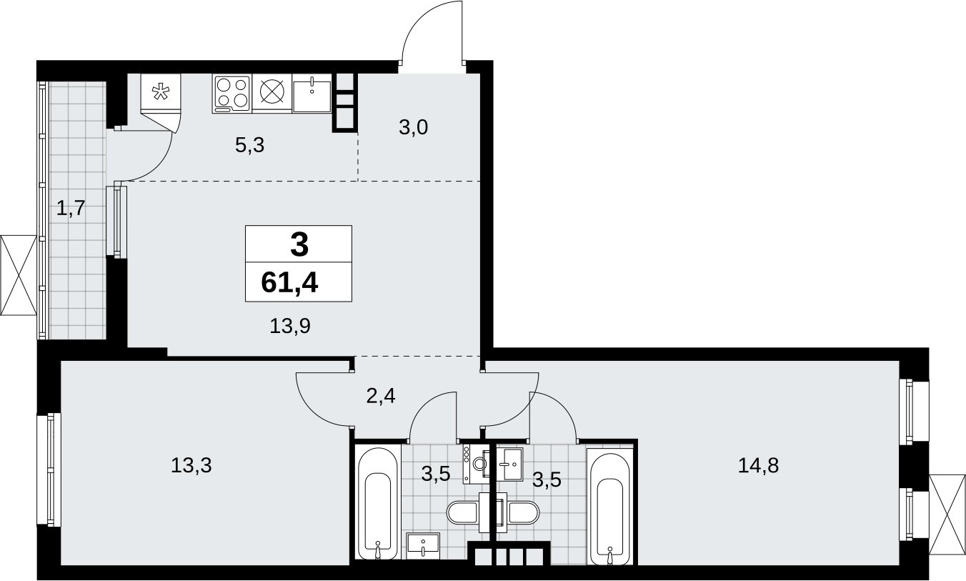 3-комнатная квартира (евро) без отделки, 61.4 м2, 5 этаж, сдача 1 квартал 2027 г., ЖК Прокшино, корпус 7.1.1 - объявление 2421763 - фото №1