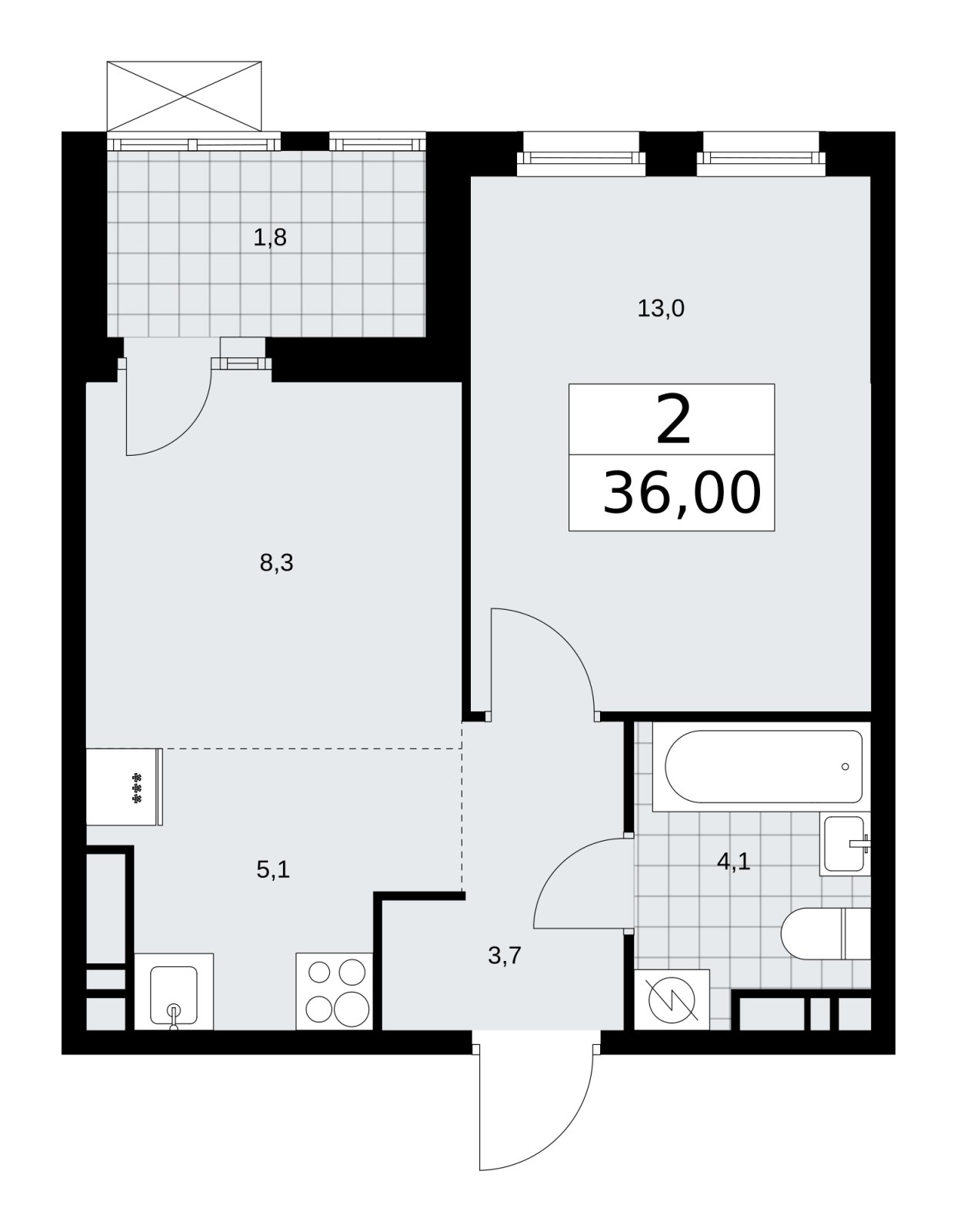 2-комнатная квартира (евро) с частичной отделкой, 36 м2, 13 этаж, сдача 4 квартал 2025 г., ЖК Бунинские кварталы, корпус 3.5 - объявление 2152223 - фото №1