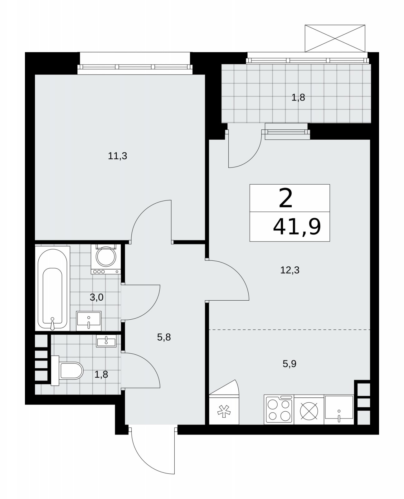 2-комнатная квартира (евро) с частичной отделкой, 41.9 м2, 8 этаж, сдача 2 квартал 2026 г., ЖК Дзен-кварталы, корпус 4.1 - объявление 2251425 - фото №1