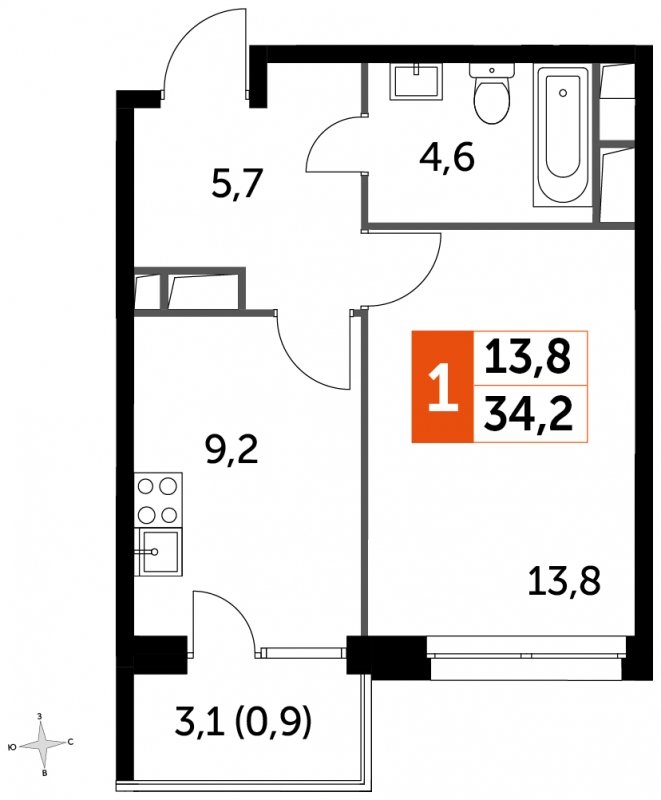1-комнатная квартира без отделки, 34.2 м2, 4 этаж, дом сдан, ЖК Датский квартал, корпус 2 - объявление 2335331 - фото №1