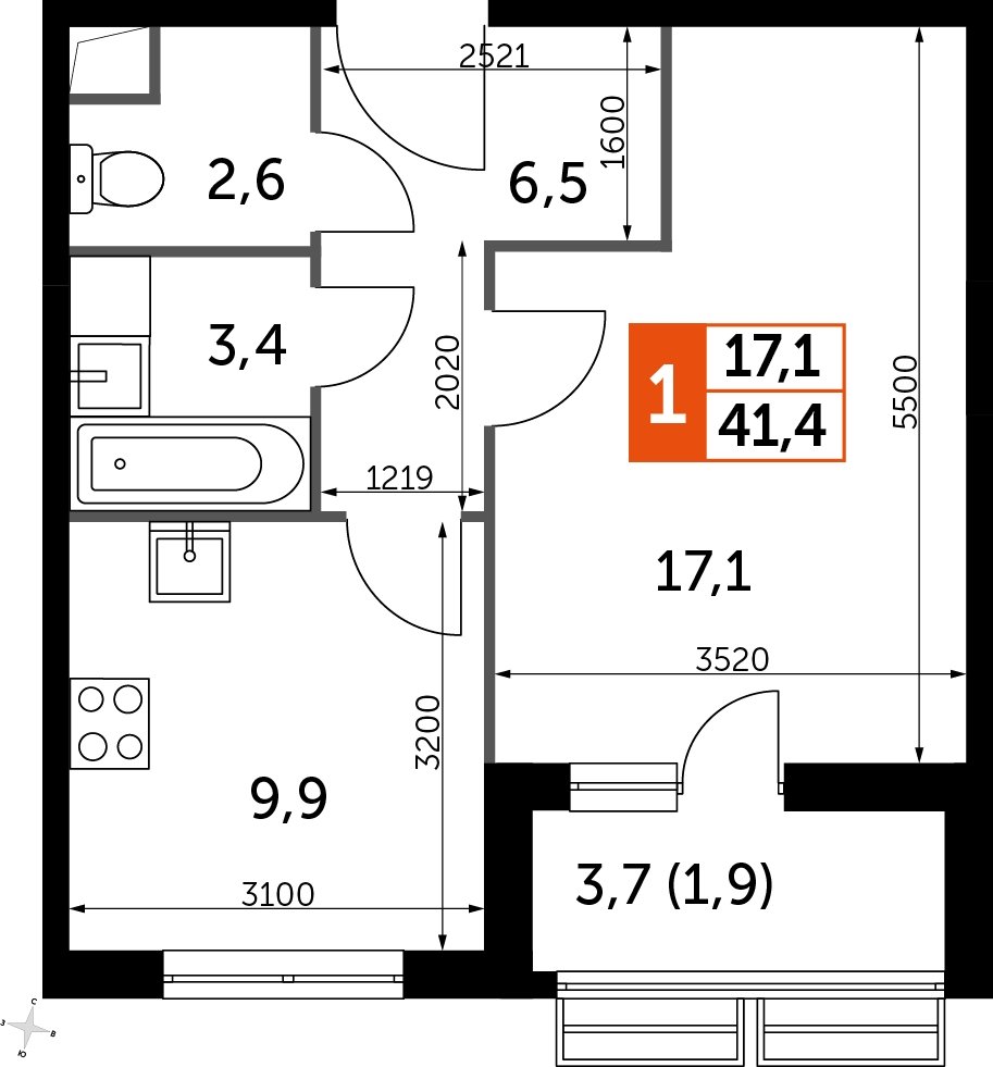 1-комнатная квартира без отделки, 41.4 м2, 1 этаж, дом сдан, ЖК UP-квартал Римский, корпус 7 - объявление 2208629 - фото №1