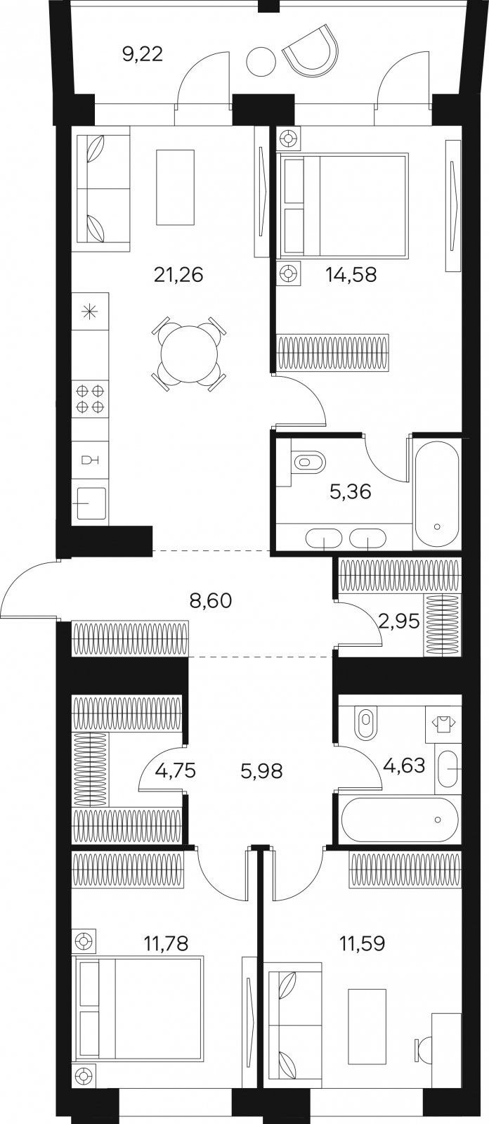 3-комнатная квартира без отделки, 96.09 м2, 10 этаж, сдача 4 квартал 2024 г., ЖК FØRST, корпус 2 - объявление 1942963 - фото №1