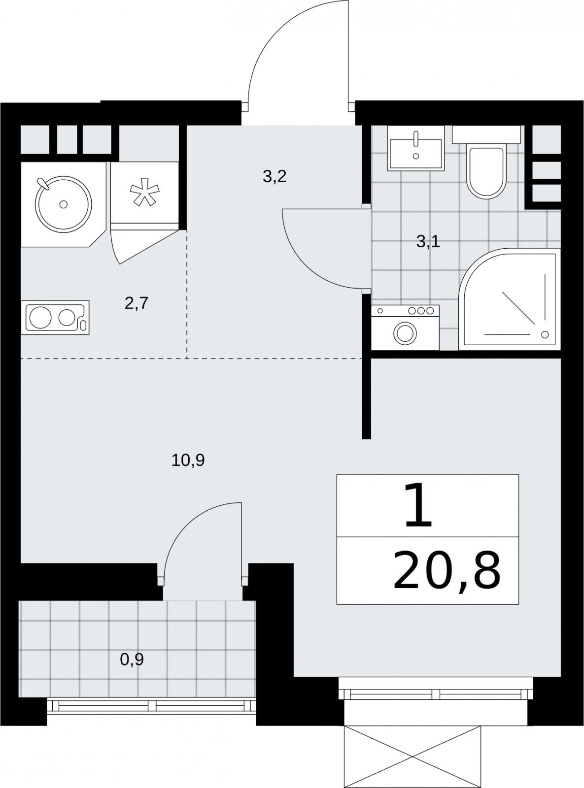Студия с частичной отделкой, 20.8 м2, 7 этаж, сдача 2 квартал 2026 г., ЖК Бунинские кварталы, корпус 5.1 - объявление 2297219 - фото №1
