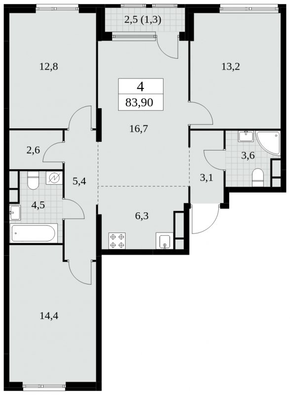 4-комнатная квартира (евро) без отделки, 83.9 м2, 10 этаж, сдача 2 квартал 2025 г., ЖК Южные сады, корпус 2.4 - объявление 1760317 - фото №1
