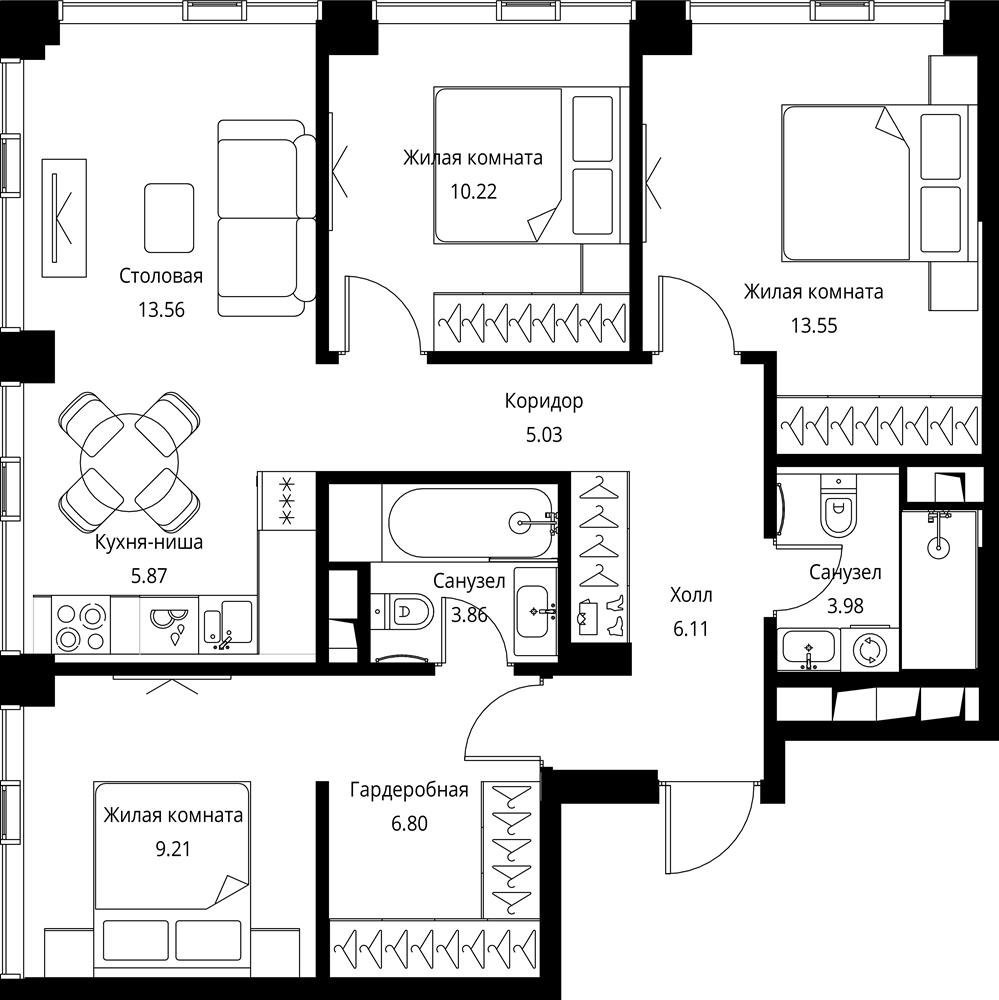 3-комнатная квартира с частичной отделкой, 78.19 м2, 38 этаж, сдача 3 квартал 2026 г., ЖК City Bay, корпус North Ocean 1 - объявление 2332394 - фото №1