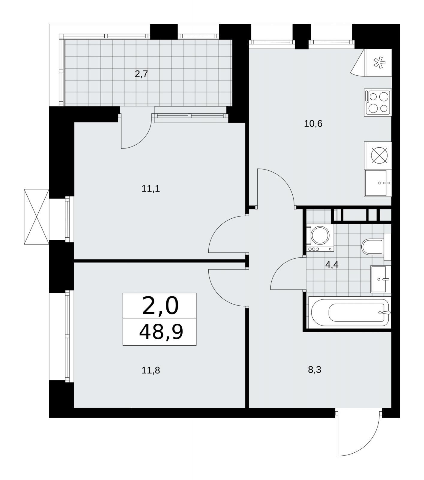 2-комнатная квартира с частичной отделкой, 48.9 м2, 13 этаж, сдача 1 квартал 2026 г., ЖК Бунинские кварталы, корпус 6.1 - объявление 2252463 - фото №1