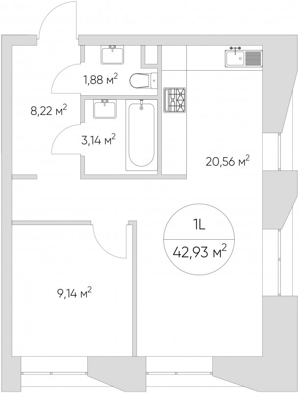 1-комнатные апартаменты без отделки, 42.94 м2, 3 этаж, сдача 1 квартал 2024 г., ЖК N'ICE LOFT, корпус 1 - объявление 1697130 - фото №1