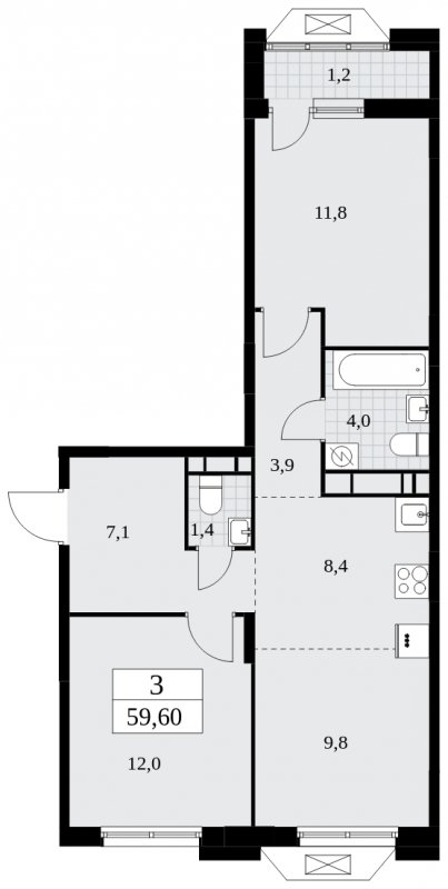 3-комнатная квартира (евро) без отделки, 59.6 м2, 14 этаж, сдача 4 квартал 2024 г., ЖК Бунинские кварталы, корпус 1.3 - объявление 1834825 - фото №1