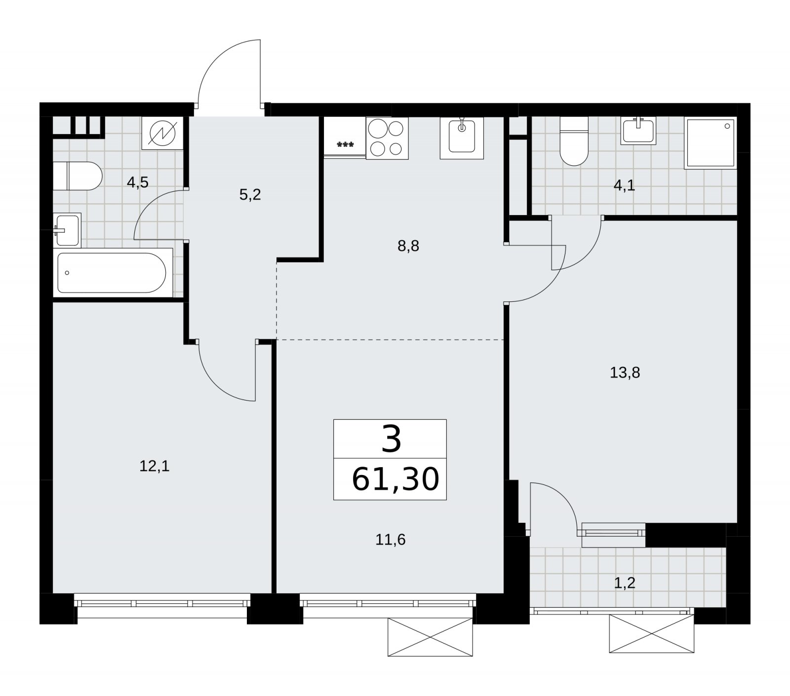 3-комнатная квартира с частичной отделкой, 61.3 м2, 4 этаж, сдача 4 квартал 2025 г., ЖК Скандинавия, корпус 28.4 - объявление 2202668 - фото №1