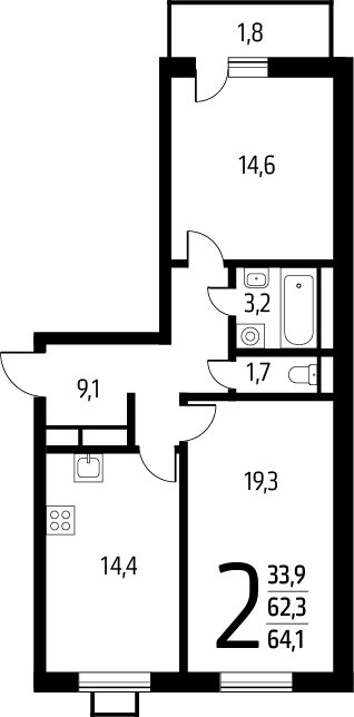 2-комнатная квартира с полной отделкой, 64.1 м2, 5 этаж, сдача 1 квартал 2025 г., ЖК Новые Ватутинки. Заречный, корпус 5/3 - объявление 2272063 - фото №1