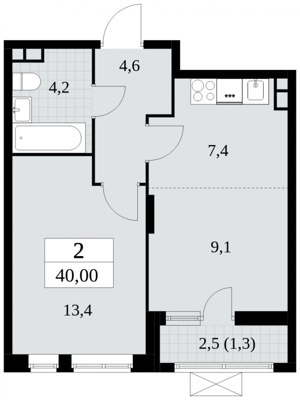 2-комнатная квартира (евро) без отделки, 40 м2, 3 этаж, сдача 2 квартал 2024 г., ЖК Прокшино, корпус 6.2 - объявление 1662853 - фото №1