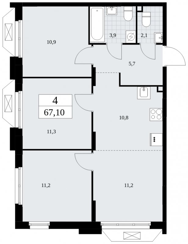 4-комнатная квартира (евро) без отделки, 67.1 м2, 2 этаж, сдача 4 квартал 2024 г., ЖК Бунинские кварталы, корпус 1.3 - объявление 1834670 - фото №1