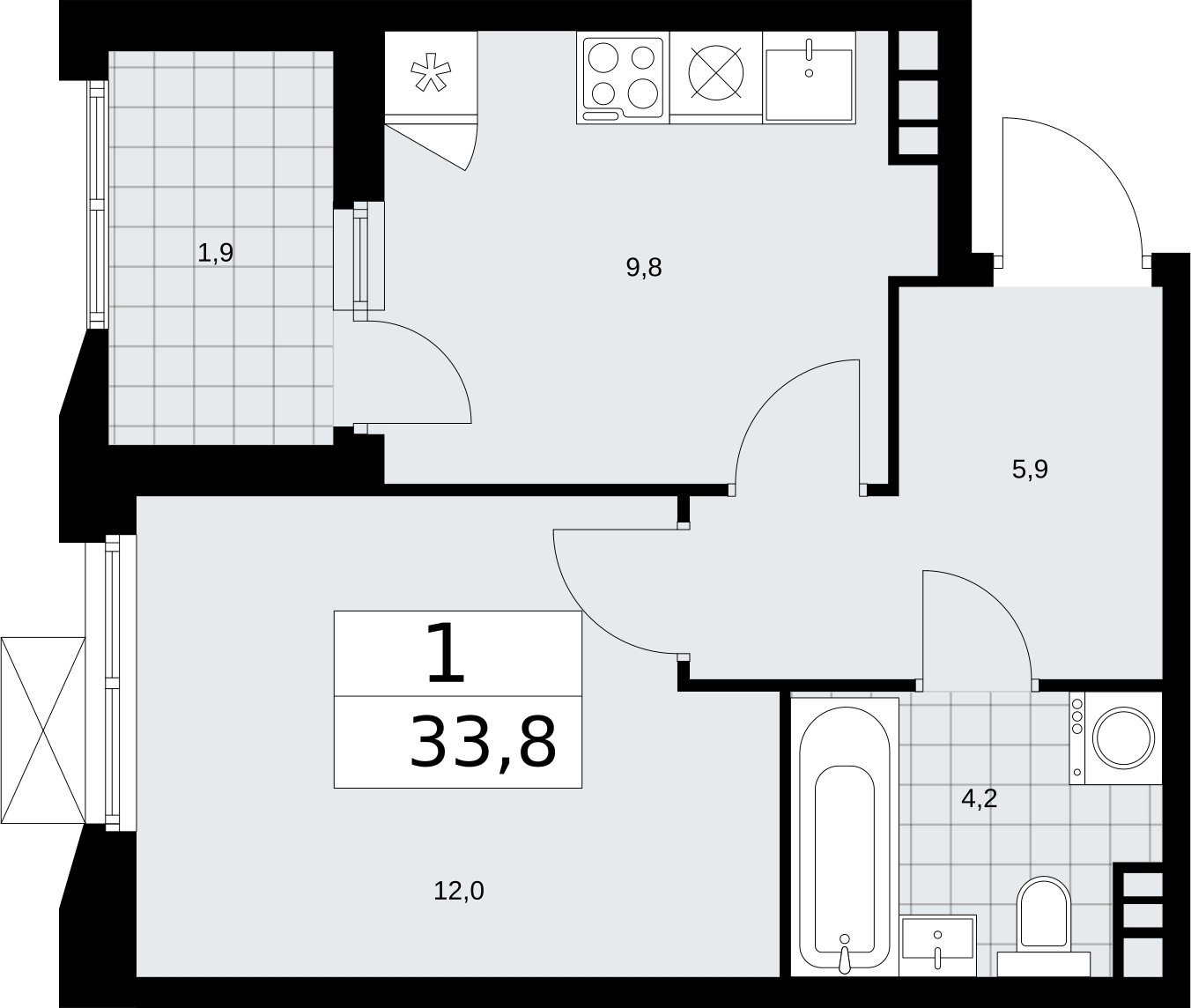 1-комнатная квартира без отделки, 33.8 м2, 8 этаж, сдача 2 квартал 2026 г., ЖК Бунинские кварталы, корпус 5.2 - объявление 2297358 - фото №1