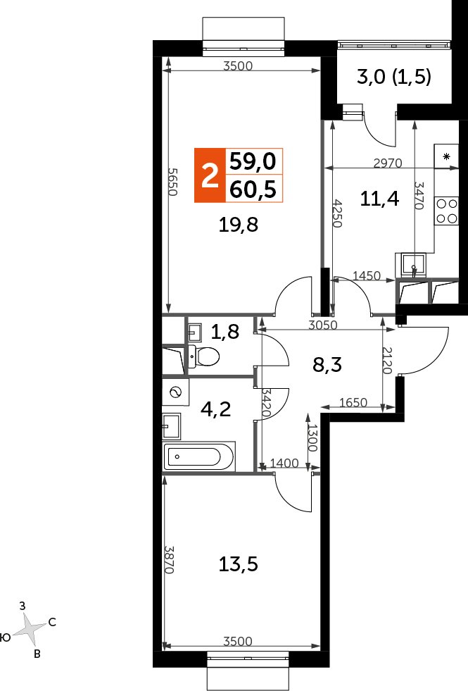 2-комнатная квартира с частичной отделкой, 60.5 м2, 6 этаж, дом сдан, ЖК UP-квартал Римский, корпус 7 - объявление 2359945 - фото №1