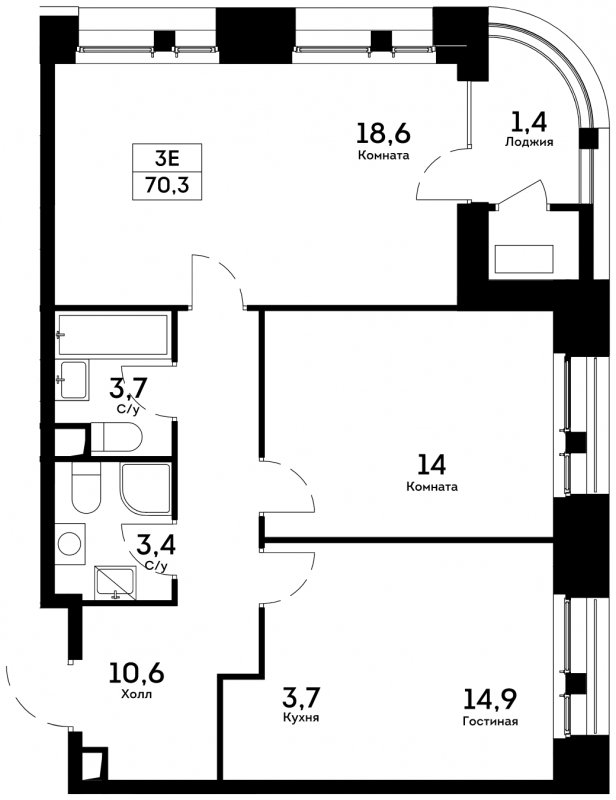 3-комнатная квартира 70.3 м2, 5 этаж, сдача 4 квартал 2022 г., ЖК Квартал на набережной NOW, корпус 2.1 - объявление 1753380 - фото №1