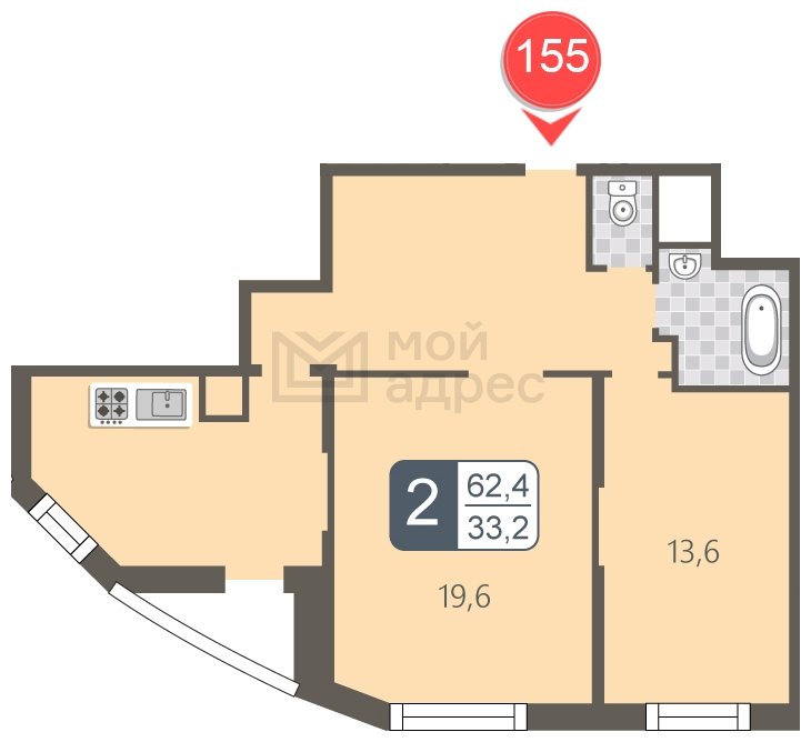 2-комнатная квартира с полной отделкой, 62.4 м2, 8 этаж, дом сдан, ЖК мой адрес В Зеленограде, корпус 848 - объявление 1850393 - фото №1