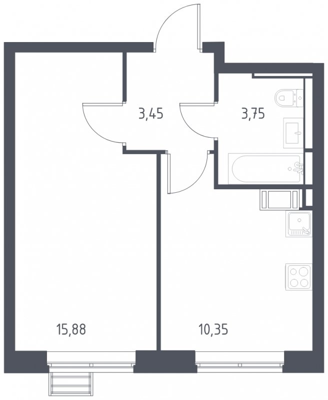 1-комнатная квартира с полной отделкой, 33.43 м2, 16 этаж, сдача 3 квартал 2023 г., ЖК Томилино Парк, корпус 4.2 - объявление 1636132 - фото №1