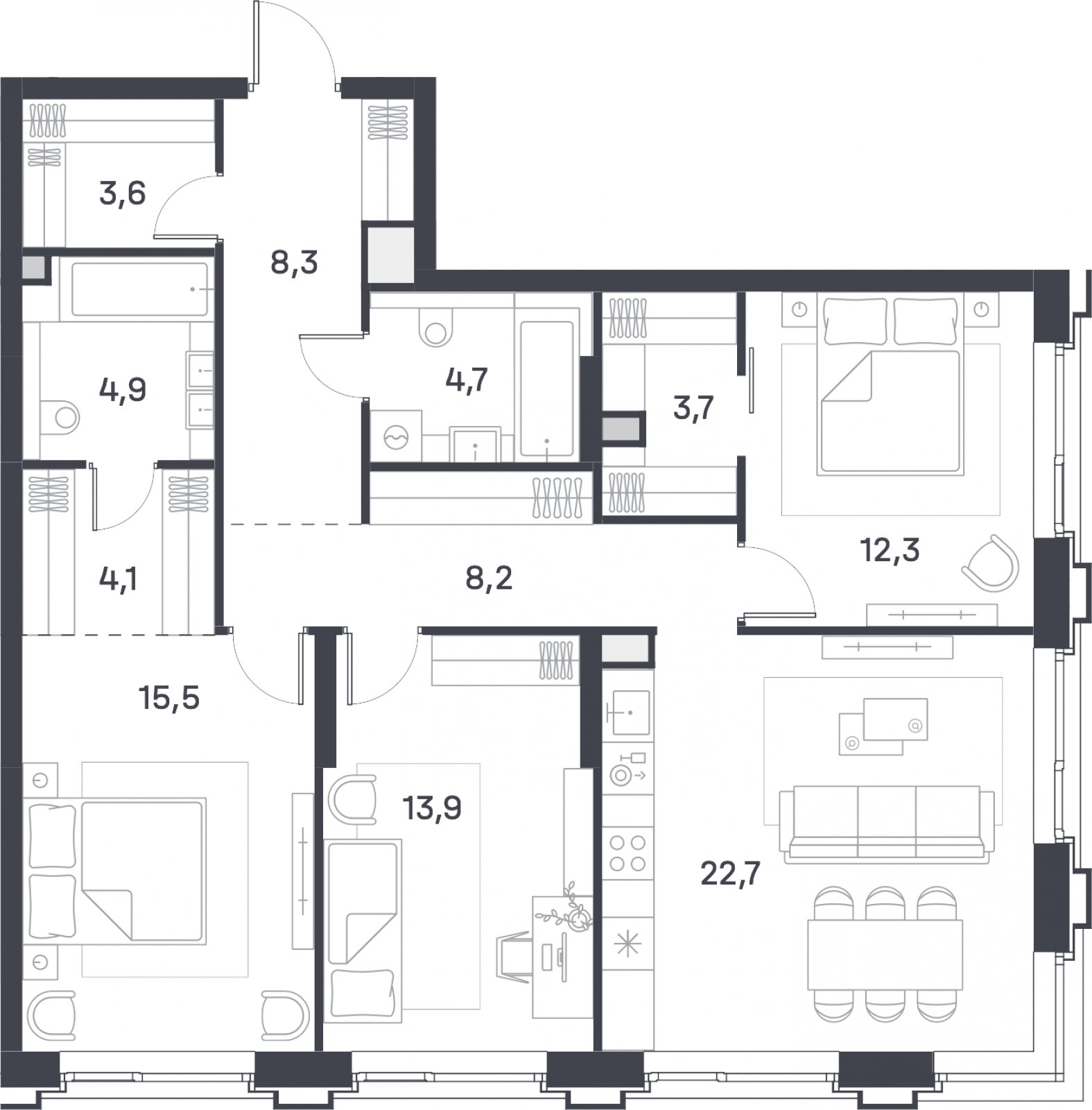 3-комнатная квартира 101.8 м2, 3 этаж, сдача 4 квартал 2025 г., ЖК Portland, корпус 4 - объявление 2310474 - фото №1