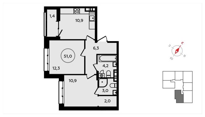 2-комнатная квартира без отделки, 51 м2, 7 этаж, сдача 3 квартал 2024 г., ЖК Скандинавия, корпус 22.2 - объявление 1625495 - фото №1