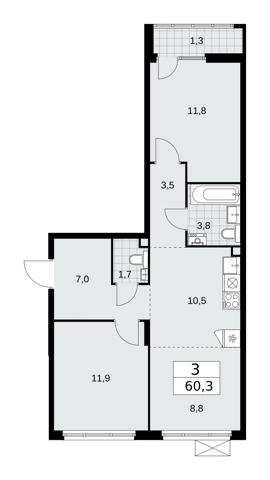 3-комнатная квартира (евро) с полной отделкой, 60.3 м2, 2 этаж, сдача 2 квартал 2026 г., ЖК Деснаречье, корпус 4.8 - объявление 2265092 - фото №1