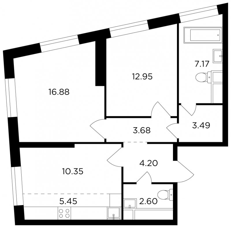 3-комнатная квартира без отделки, 66.77 м2, 12 этаж, дом сдан, ЖК КутузовGRAD 2, корпус 6 - объявление 1806042 - фото №1