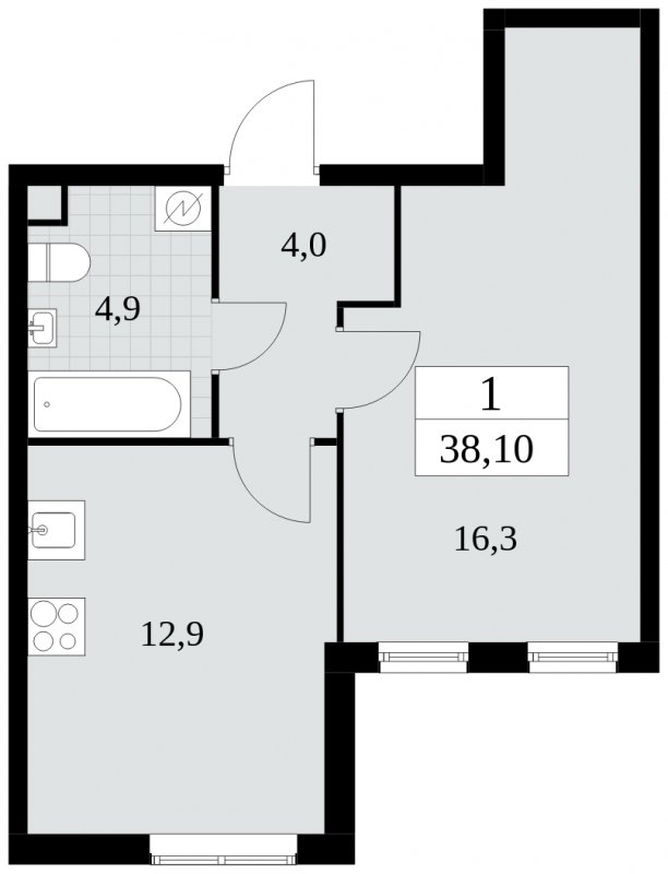 1-комнатная квартира с частичной отделкой, 38.1 м2, 2 этаж, сдача 2 квартал 2025 г., ЖК Южные сады, корпус 2.1 - объявление 1760088 - фото №1
