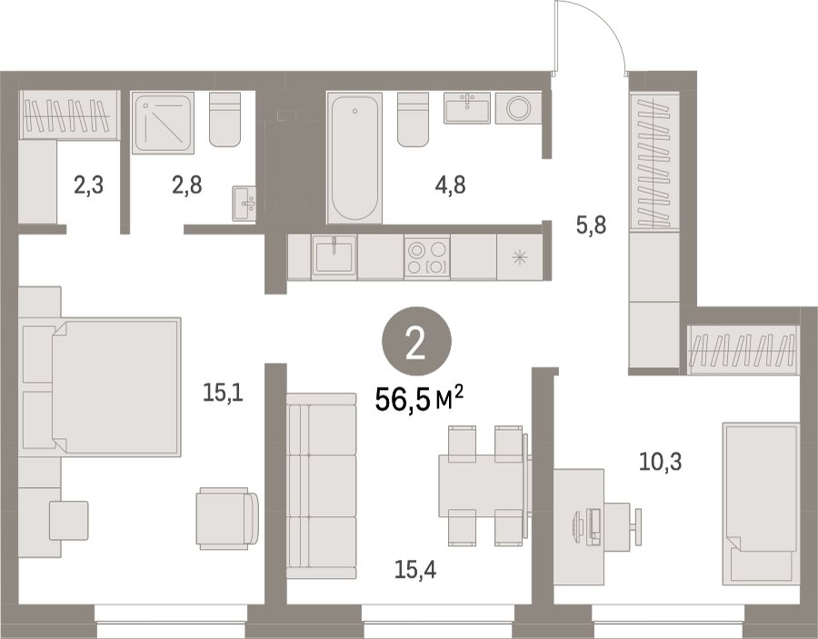 2-комнатная квартира с частичной отделкой, 56.49 м2, 5 этаж, дом сдан, ЖК Первый квартал, корпус 5 - объявление 2275319 - фото №1