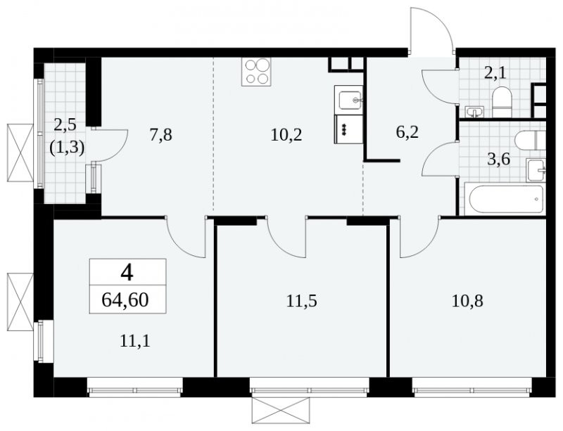 4-комнатная квартира (евро) без отделки, 64.6 м2, 3 этаж, сдача 2 квартал 2024 г., ЖК Прокшино, корпус 6.2 - объявление 1662805 - фото №1