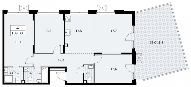 4-комнатная квартира (евро) без отделки, 109 м2, 2 этаж, сдача 1 квартал 2025 г., ЖК Скандинавия, корпус 2.27.5 - объявление 1840784 - фото №1
