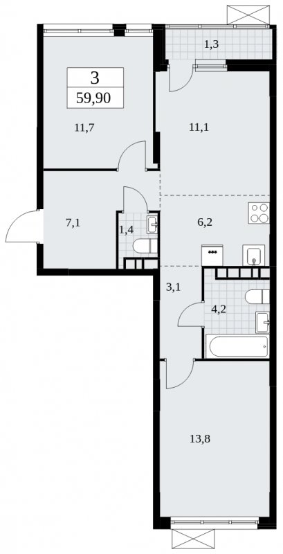 3-комнатная квартира (евро) без отделки, 59.9 м2, 8 этаж, сдача 4 квартал 2024 г., ЖК Скандинавия, корпус 35.2.2 - объявление 1841105 - фото №1