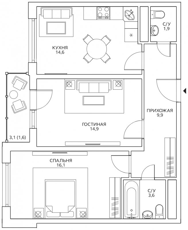 2-комнатная квартира с полной отделкой, 62.6 м2, 12 этаж, сдача 4 квартал 2022 г., ЖК Авиатика, корпус 5 - объявление 1805960 - фото №1