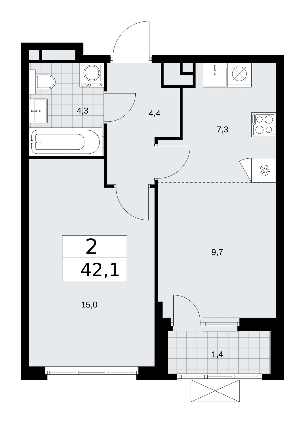 2-комнатная квартира (евро) без отделки, 42.1 м2, 9 этаж, сдача 1 квартал 2026 г., ЖК Прокшино, корпус 11.2.2 - объявление 2270108 - фото №1