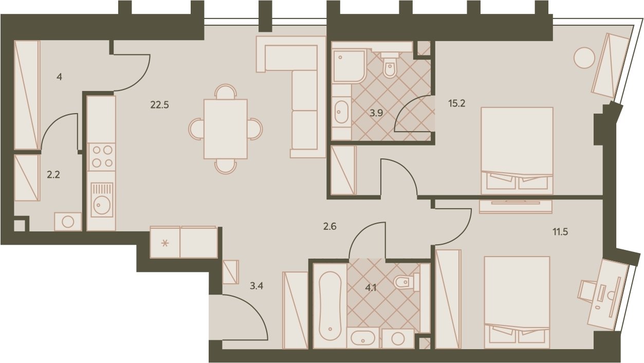 3-комнатная квартира без отделки, 70.5 м2, 33 этаж, дом сдан, ЖК Eniteo, корпус 2 - объявление 2326752 - фото №1