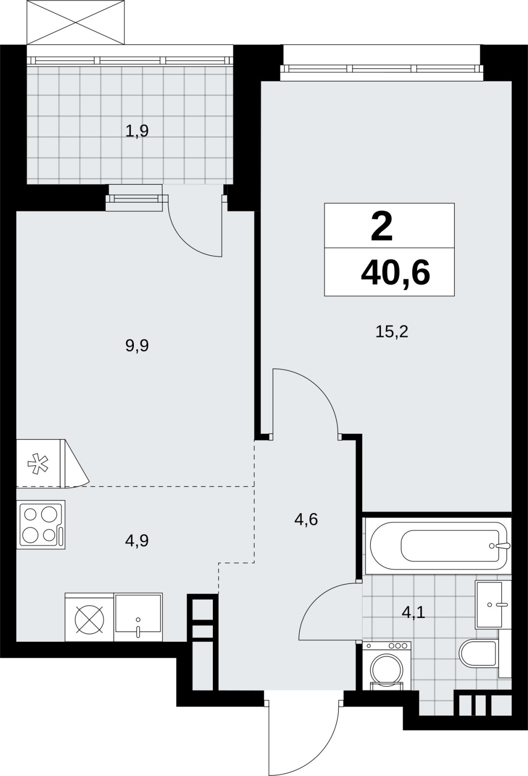 2-комнатная квартира (евро) без отделки, 40.6 м2, 4 этаж, сдача 4 квартал 2026 г., ЖК Скандинавия, корпус 2.18.1.3 - объявление 2350771 - фото №1