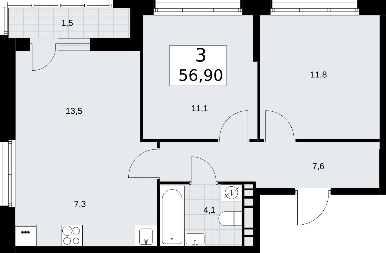 3-комнатная квартира (евро) с полной отделкой, 56.9 м2, 9 этаж, сдача 4 квартал 2026 г., ЖК Родные кварталы, корпус 3.3 - объявление 2378489 - фото №1