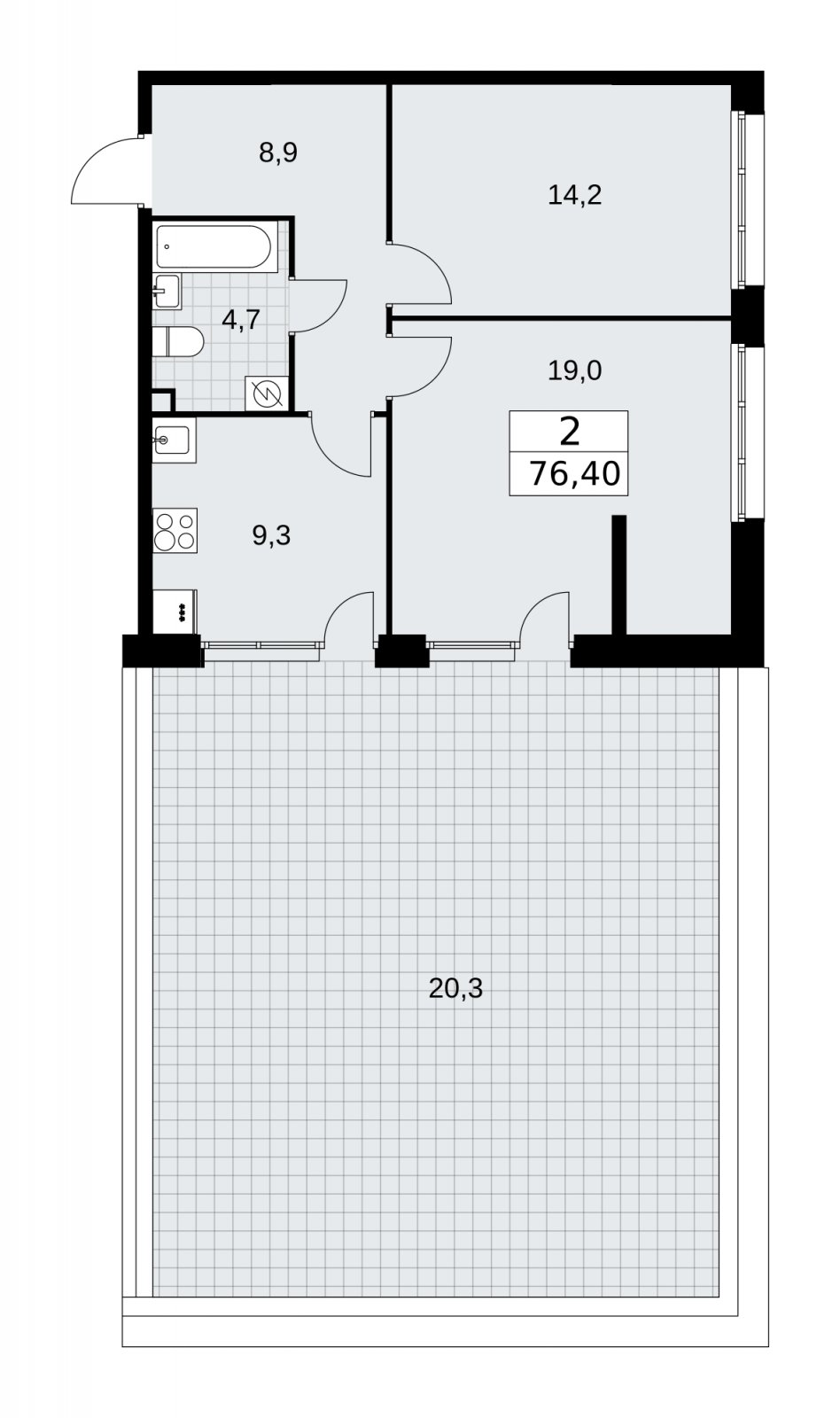 2-комнатная квартира с частичной отделкой, 76.4 м2, 2 этаж, сдача 4 квартал 2025 г., ЖК Бунинские кварталы, корпус 3.5 - объявление 2152118 - фото №1