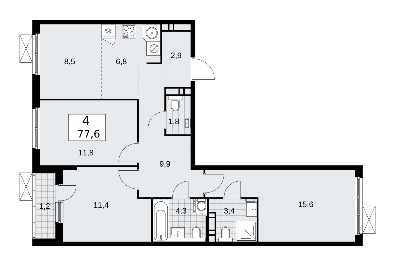 4-комнатная квартира (евро) с частичной отделкой, 77.6 м2, 7 этаж, сдача 2 квартал 2026 г., ЖК Прокшино, корпус 11.2.3 - объявление 2270369 - фото №1