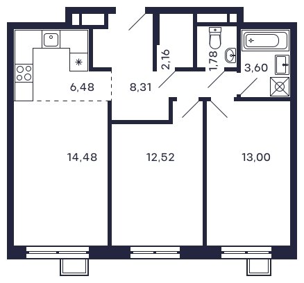 2-комнатная квартира без отделки, 62.33 м2, 27 этаж, сдача 2 квартал 2025 г., ЖК Квартал Тетрис, корпус "Квартал Тетрис 2.1" - объявление 2378993 - фото №1